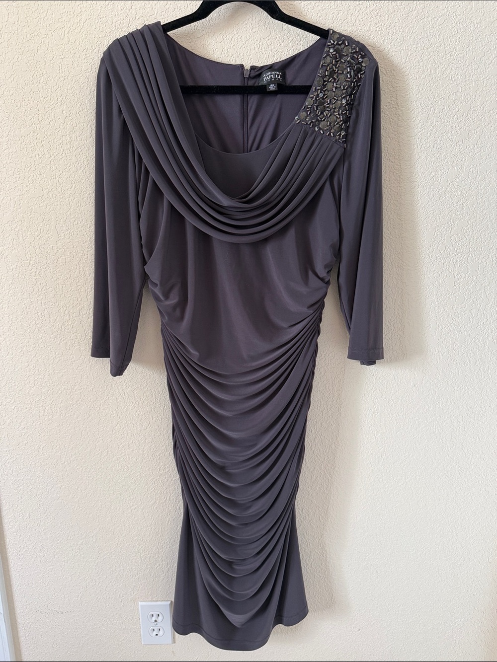 Adrianna Papell Dark Lavendar Draped Cowl Ruched Beaded Shoulder Dress.